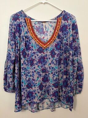 Free People Wool/Cashmere/Poly Blend Purple & Blue Floral Flowy Boho Blouse